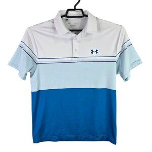 Mens Under Armour White & Blue Playoff Polo Shirt Short Sleeve Polyester Size L